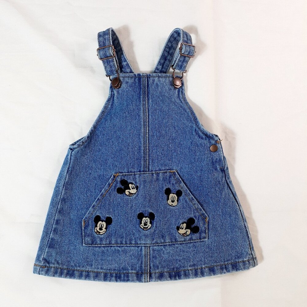 Zara Disney Baby Dress Girl 12-18 months Mickey Mouse Denim Overall Bibbs Dress